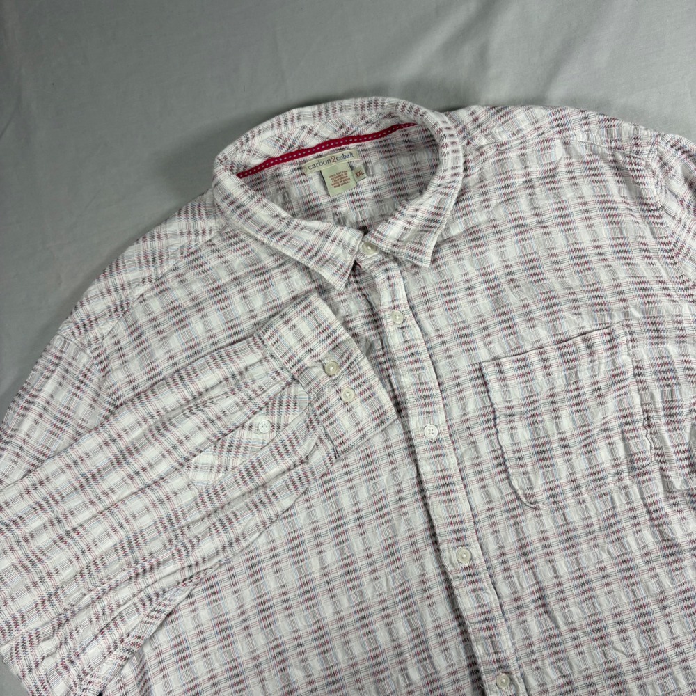 Carbon2Cobalt Mens XXL White Red Blue Textured Dobby Plaid Button Up Shirt